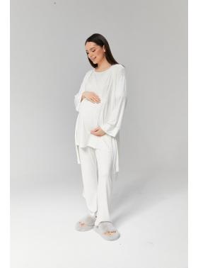 RİMEL  Ekru Şerit Dantel Detaylı Sabahlıklı Kruvaze Lohusa Pijama Takımı 519