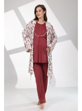 RİMEL Bordo Şal Desenli Sabahlıklı Lohusa Pijama Takımı 714