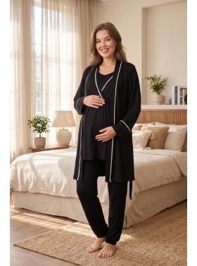RİMEL Siyah Biyeli Kısa Kollu Kruvaze Sabahlıklı Lohusa Pijama Takımı 808