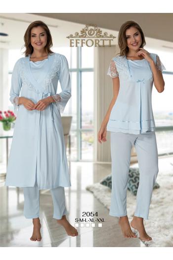 Effortt 2054M Mavi Dantel Detaylı Sabahlıklı Lohusa Pijama Takımı