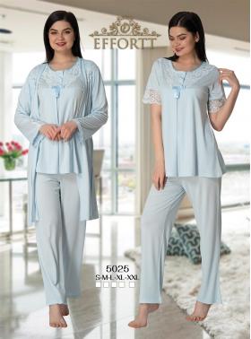 Effortt 5025 Mavi Yakası Dantelli Sabahlıklı Lohusa Pijama Takımı
