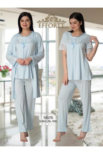 Effortt 5025 Mavi Yakası Dantelli Sabahlıklı Lohusa Pijama Takımı