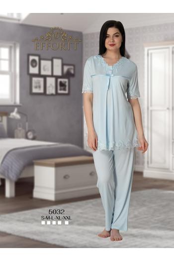 Effortt 5032 Mavi Dantel Yaka Lohusa Pijama Takımı