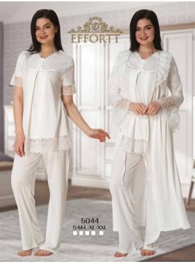 Effortt 5044 Ekru Kolları Güpürlü Sabahlıklı Lohusa Pijama Takımı