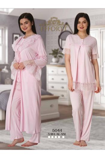 Effortt 5044 Pembe Kolları Güpürlü Sabahlıklı Lohusa Pijama Takımı