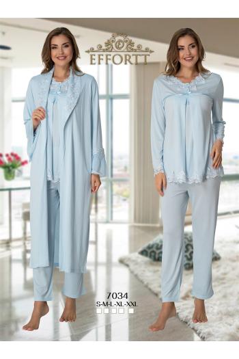 Effortt 7034 Mavi Uzun Sabahlıklı Dantelli Lohusa Pijama Takımı