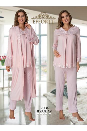 Effortt 7034 Pudra Pembe Uzun Sabahlıklı Dantelli Lohusa Pijama Takımı