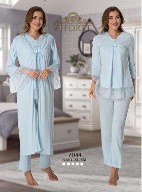 Effortt 7044 Mavi Kolları Güpürlü Sabahlıklı Dantelli Lohusa Pijama Takımı