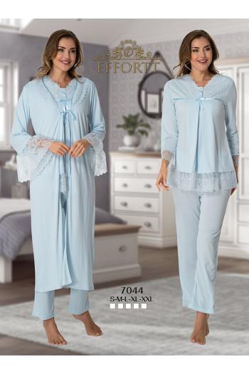 Effortt 7044 Mavi Kolları Güpürlü Sabahlıklı Dantelli Lohusa Pijama Takımı