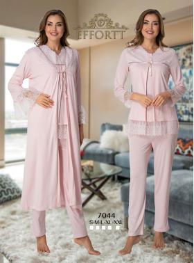 Effortt 7044 Pudra Pembe Kolları Güpürlü Sabahlıklı Dantelli Lohusa Pijama Takımı