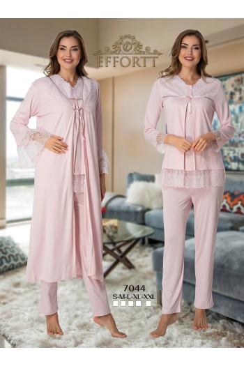 Effortt 7044 Pudra Pembe Kolları Güpürlü Sabahlıklı Dantelli Lohusa Pijama Takımı