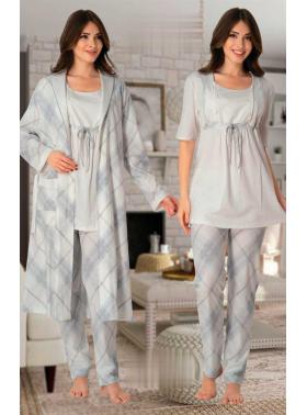 Effortt 8044 Mavi Kolay Emzirme Özellikli Sabahlıklı Lohusa Pijama Takımı