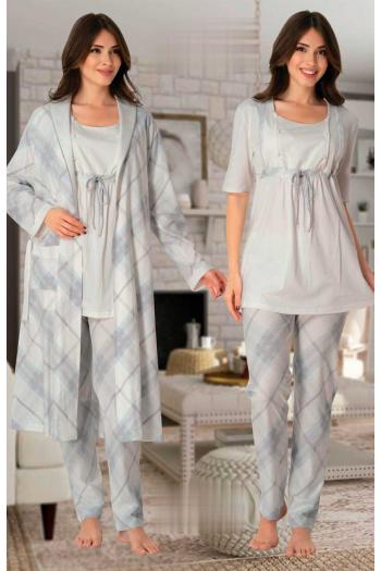 Effortt 8044 Mavi Kolay Emzirme Özellikli Sabahlıklı Lohusa Pijama Takımı