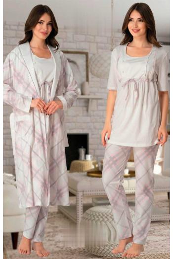 Effortt 8044 Pudra Kolay Emzirme Özellikli Sabahlıklı Lohusa Pijama Takımı